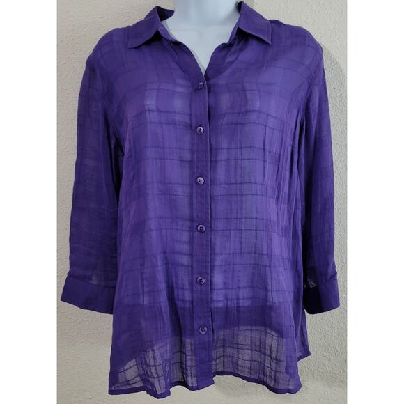 Coldwater Creek Purple Sheer Button Up PL 14 3/4 Sleeves Collard Lightweight - Picture 1 of 4